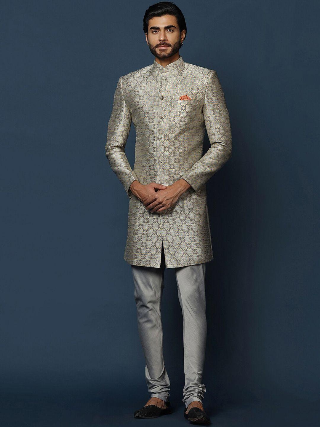 kisah men ethnic motif woven design sherwani with churidar