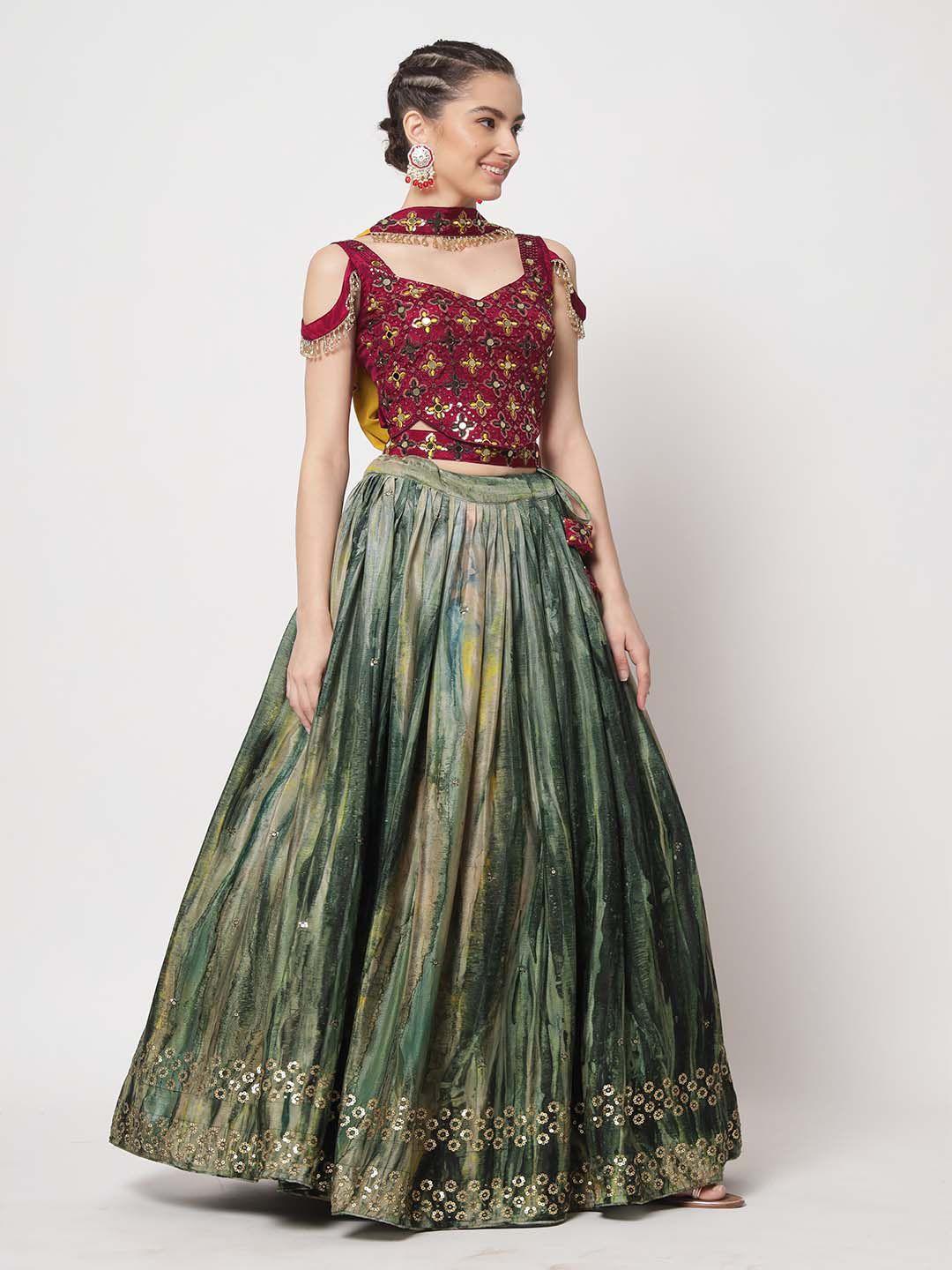 shubhkala embroidered thread work semi-stitched lehenga & unstitched blouse with dupatta