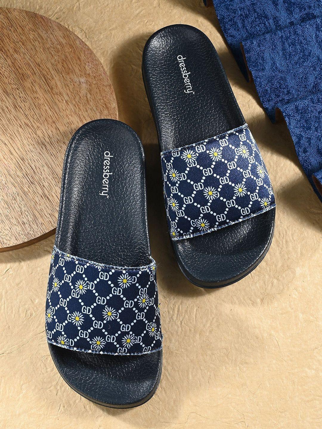 dressberry women navy blue and white printed sliders