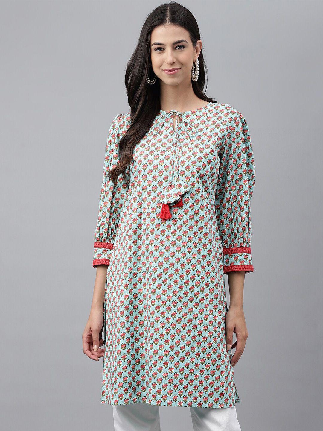 janasya green & pink tie-up neck floral printed straight cotton kurta