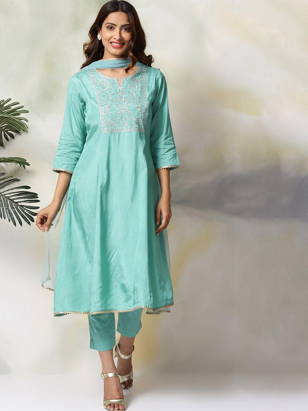 biba floral embroidered gotta patti a-line kurta with trousers & dupatta