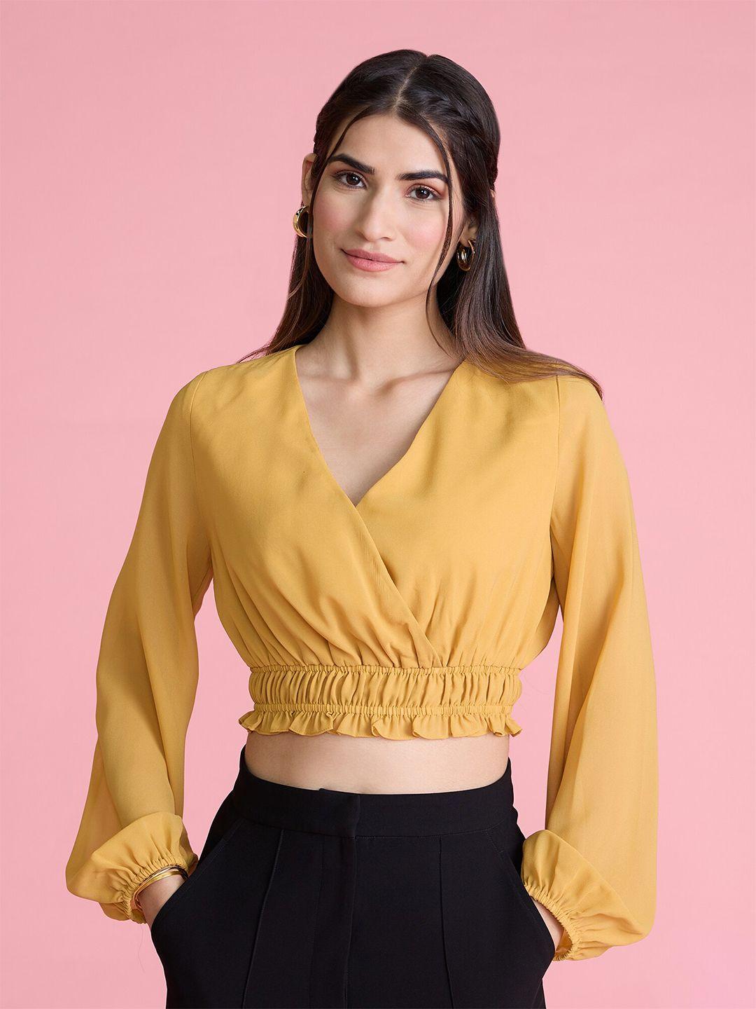 20dresses yellow puff sleeves georgette wrap crop top