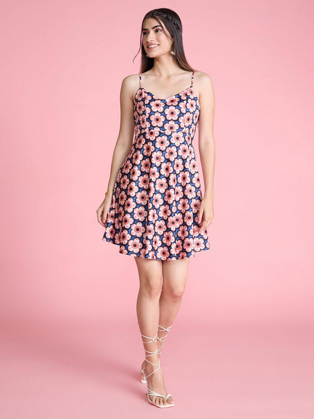 20dresses peach floral printed shoulder strap fit & flare mini dress