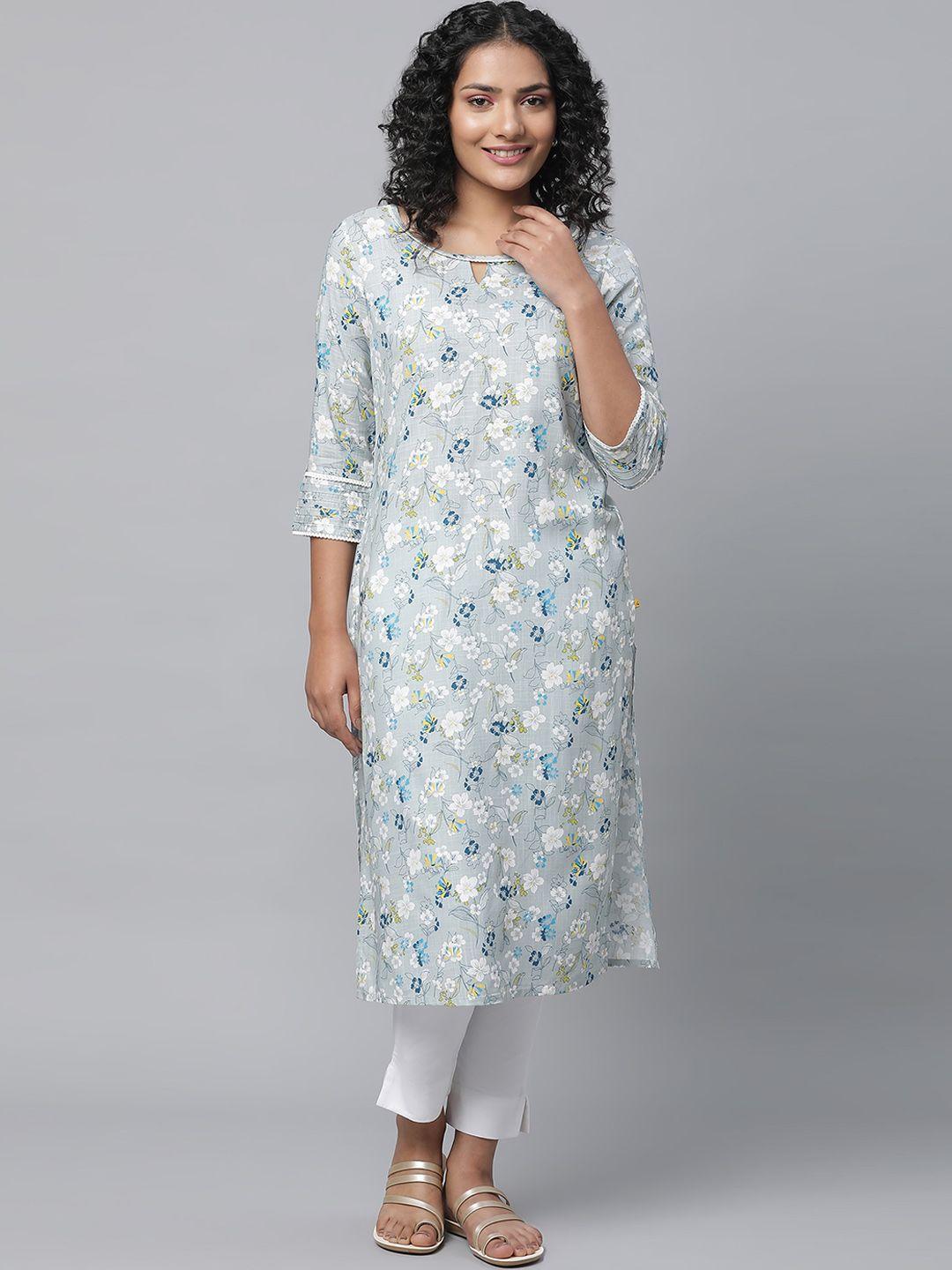 aurelia keyhole neck floral printed thread work kurta