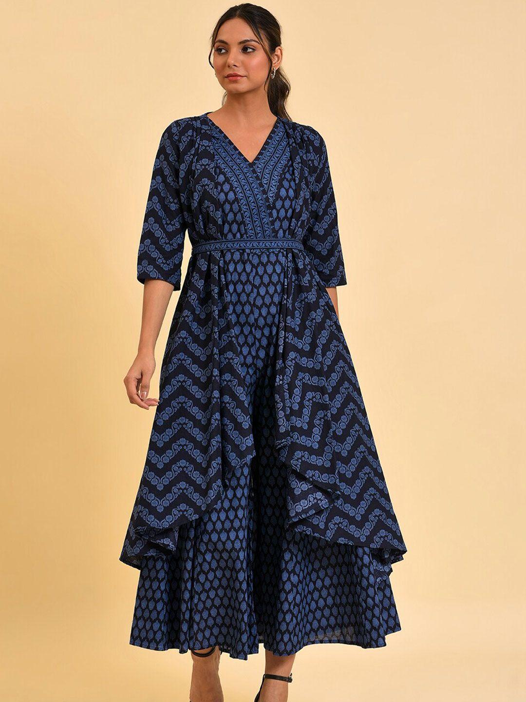 w blue & black ethnic printed v-neck culotte jumpsuit