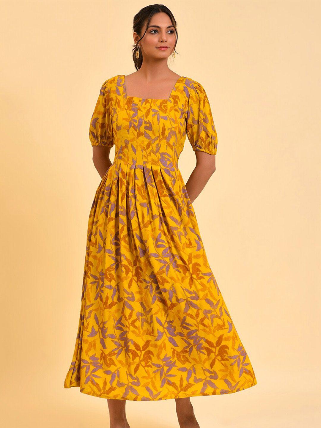 w yellow floral printed puff sleeves fit & flare midi dress