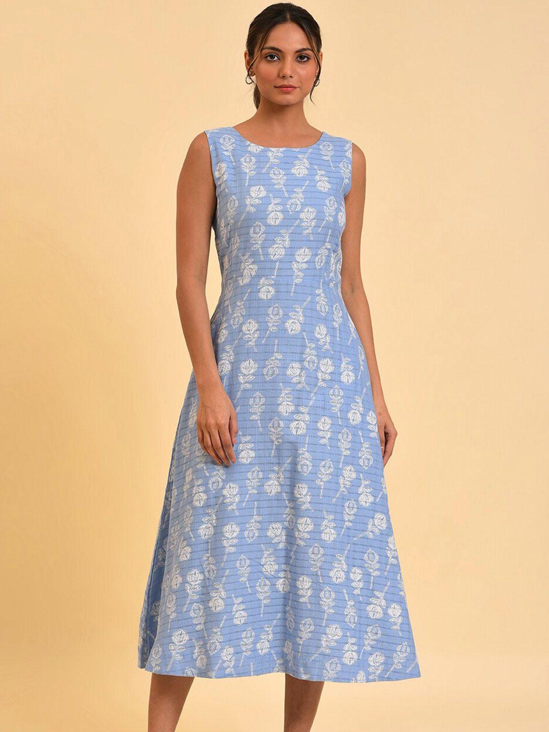 w blue floral printed pure cotton a-line midi dress