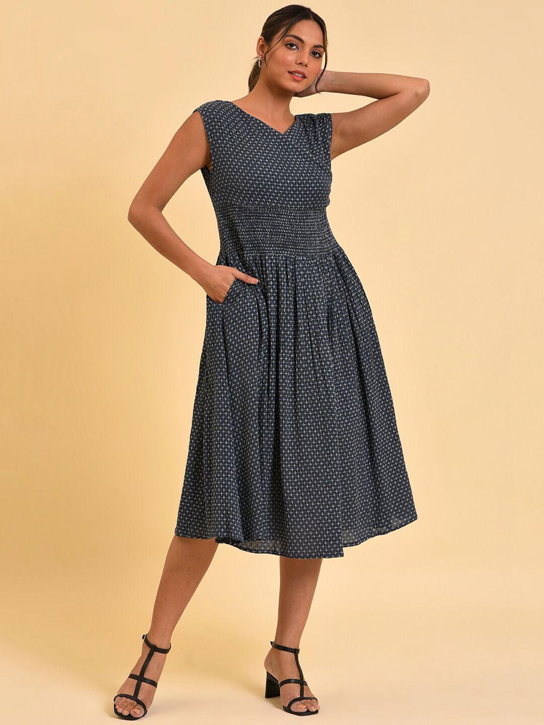 w blue geometric printed smocked cotton fit & flare midi dress