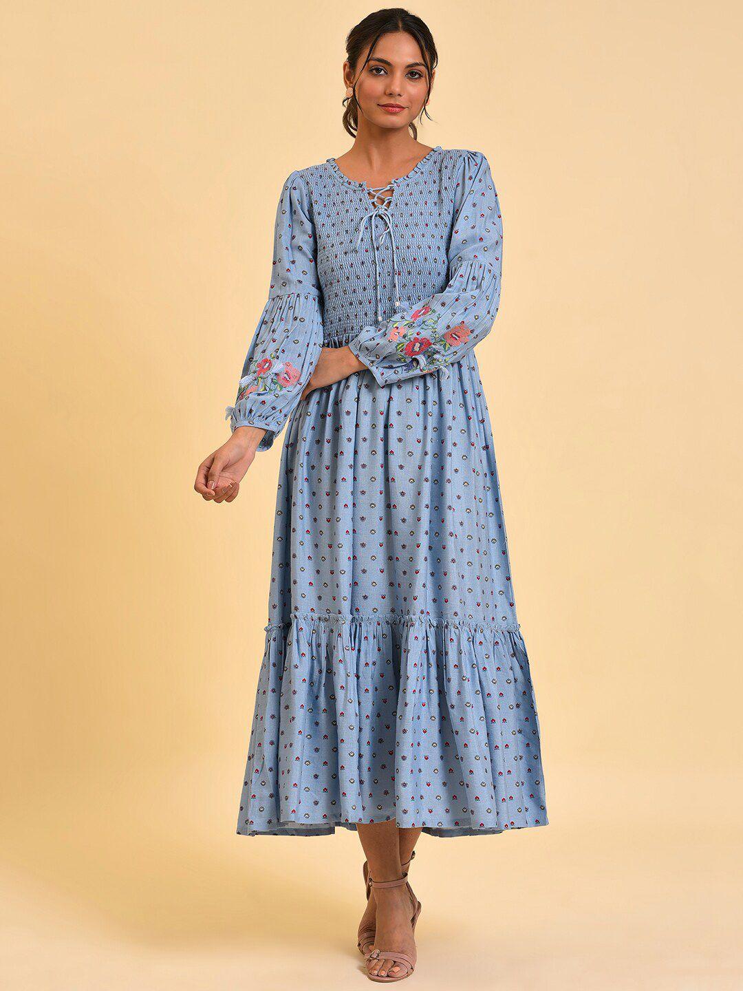 w blue floral printed smocked maxi dress