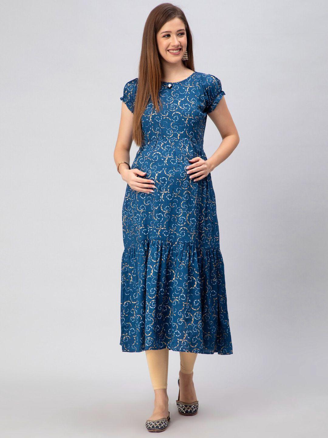 cee-18 abstract printed puff sleeves a-line midi-length maternity ethnic dress