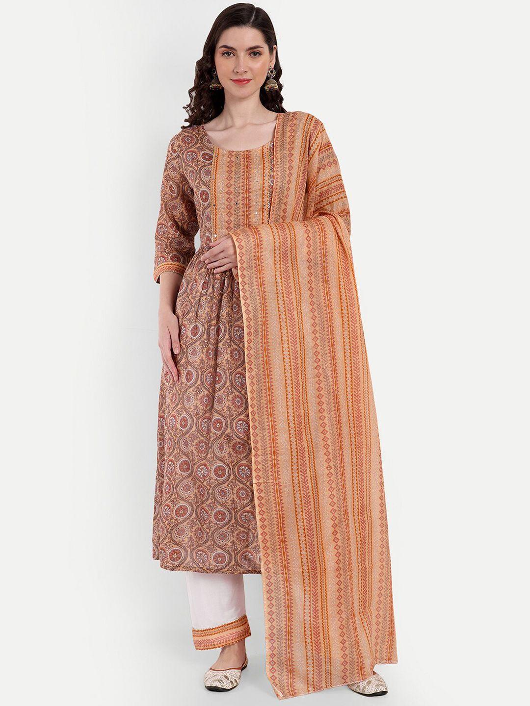 singni ethnic motifs printed mirror work pure cotton kurta with trousers & dupatta