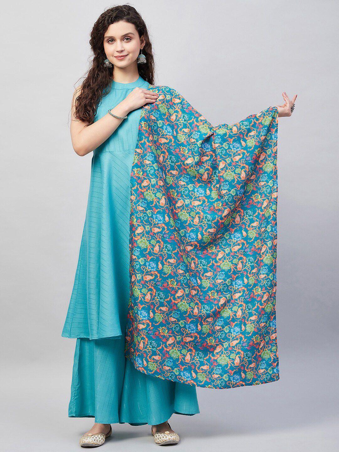 inweave teal & orange paisley printed dupatta