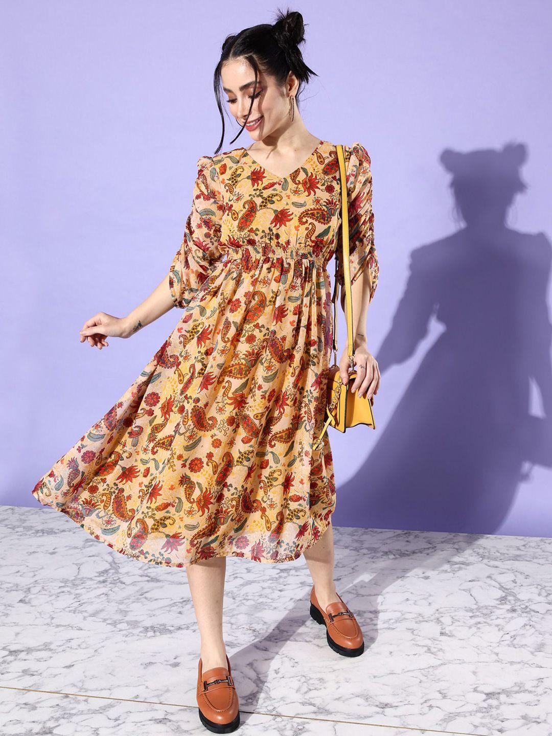 dressberry mustard yellow floral printed georgette fit & flare midi dress