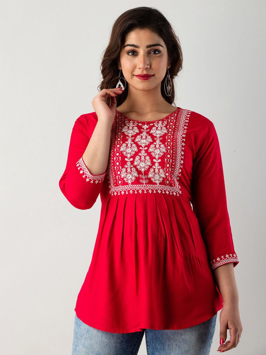 kalini round neck pleated ethnic motifs embroidered a-line top