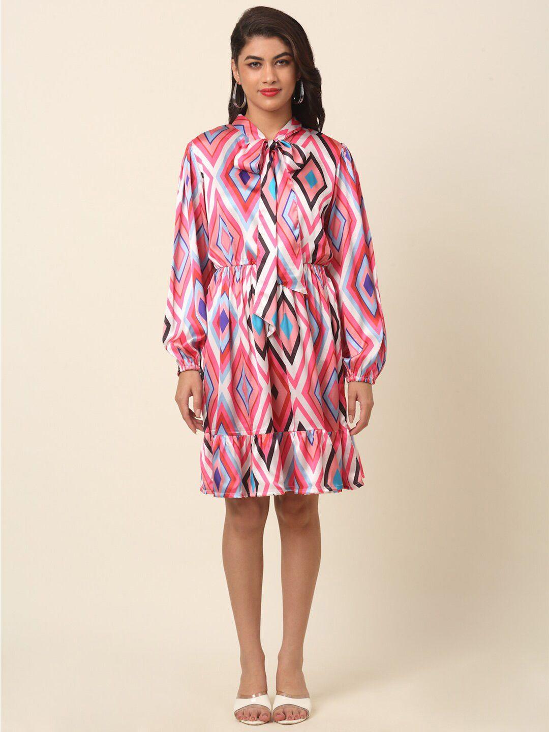 pluss pink print tie-up neck shirt dress