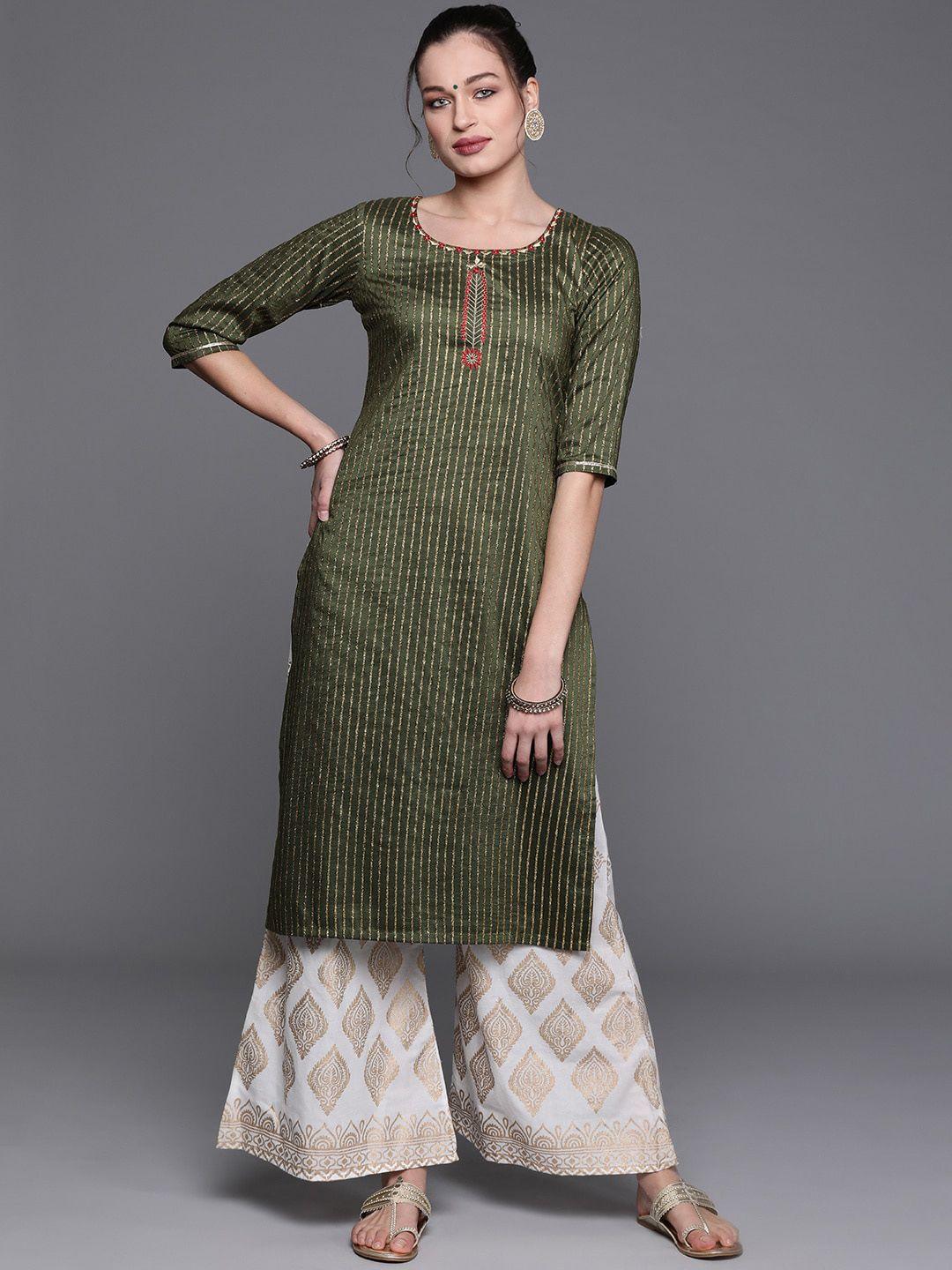 libas green striped thread work chanderi silk kurta