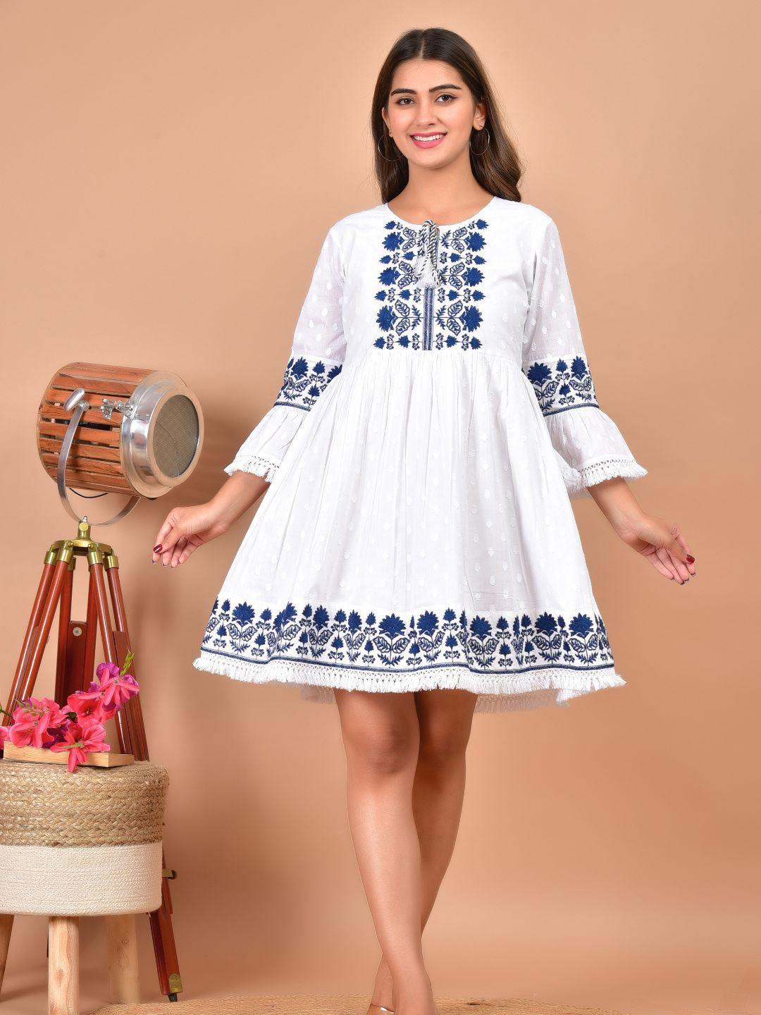 zolo label floral embroidered bell sleeve cotton fit & flare dress