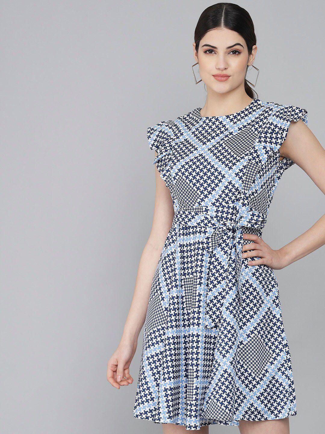 rudraaksha creations geometric printed flutter sleeve crepe fit & flare dress