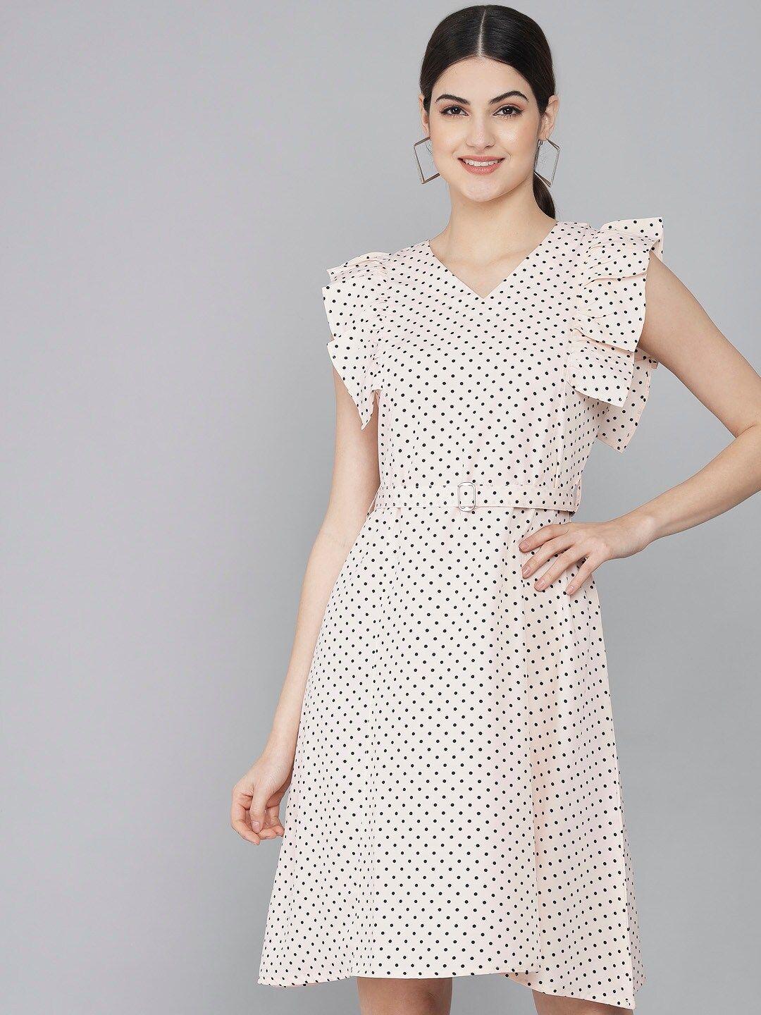 rudraaksha creations polka dot printed flutter sleeve crepe a-line dress with belt