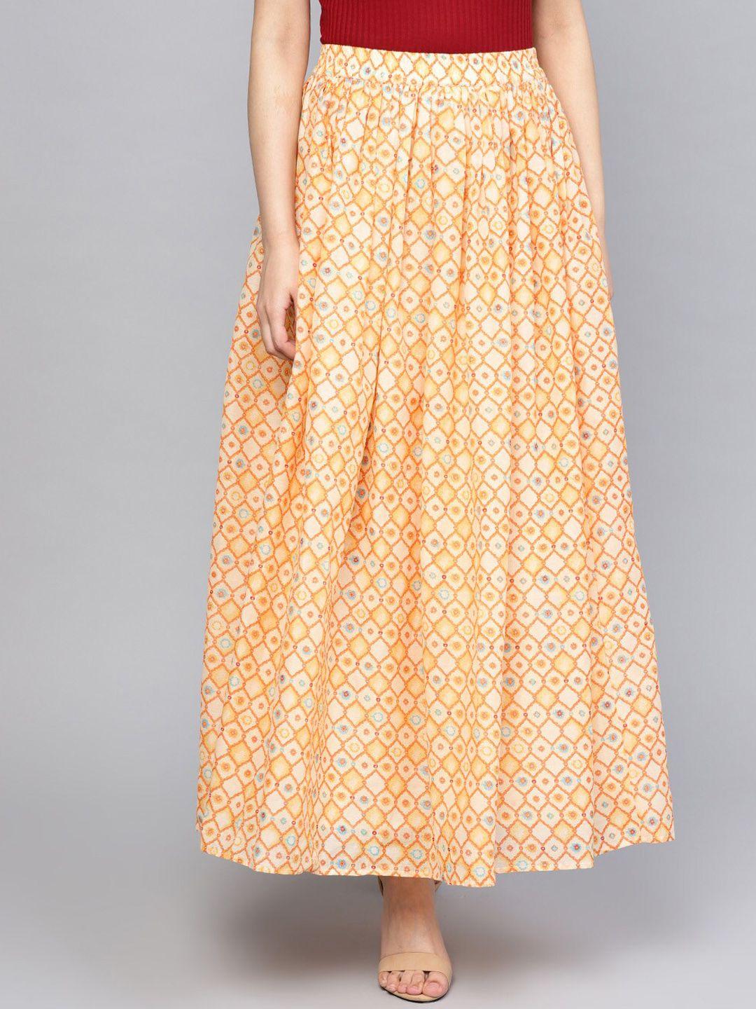 rare peach-coloured & beige printed flared maxi skirt