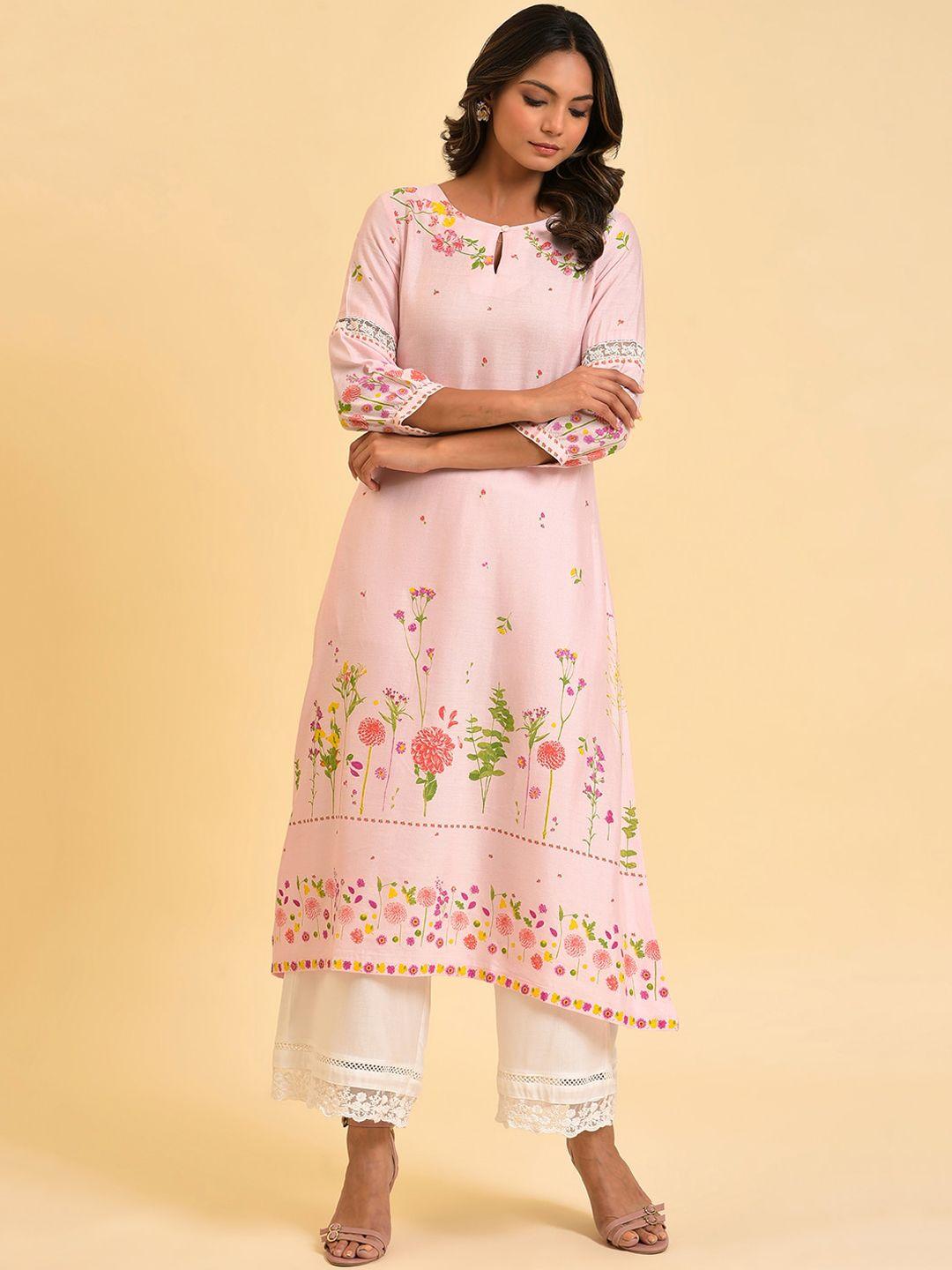 w pink & yellow floral printed keyhole neck kurta