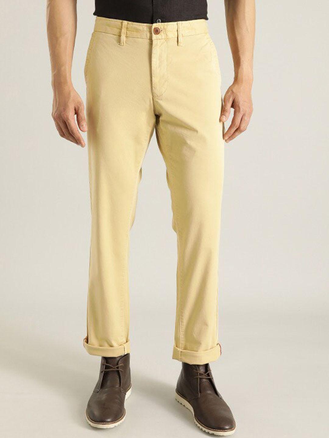 indian terrain men brooklyn mid rise slim fit cotton trousers