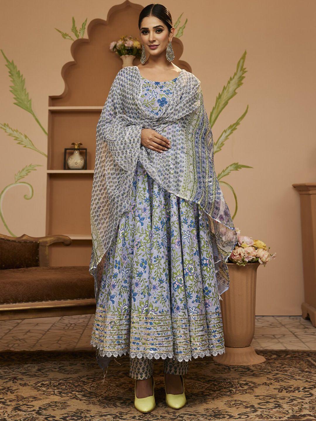 divena floral block prnted gotta patti anarkali pure cotton kurta with trousers & dupatta