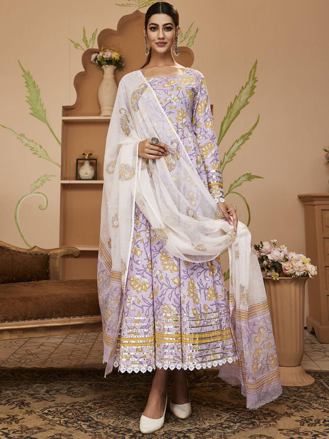 divena floral block printed gotta patti anarkali pure cotton kurta with trousers & dupatta