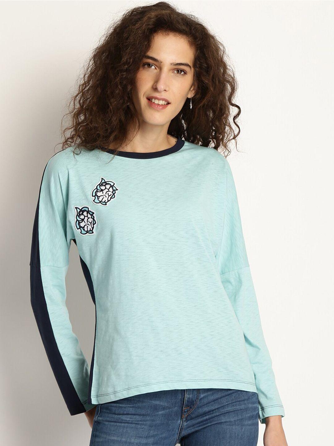 rare sea green & black colourblocked round neck top