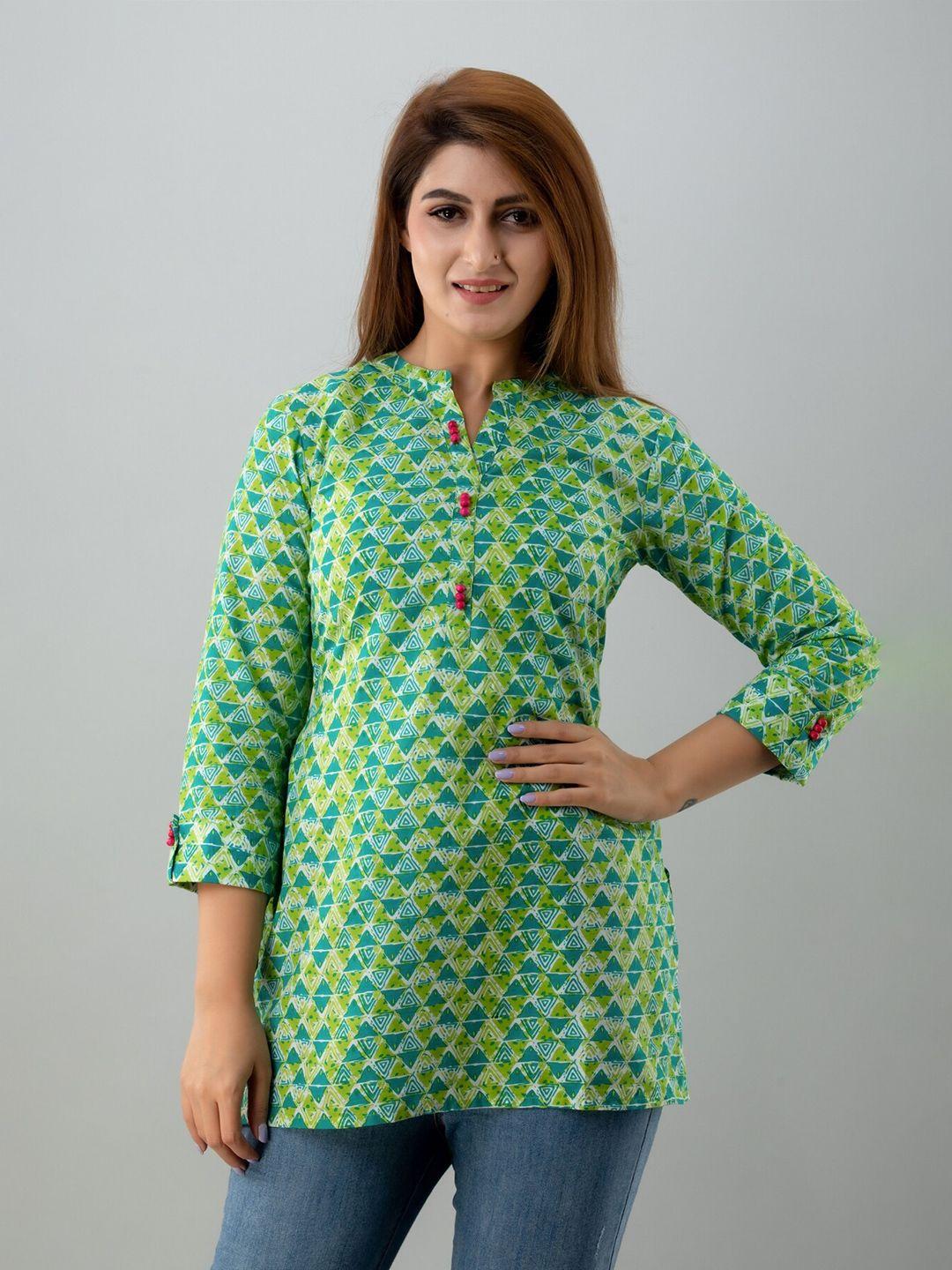 here&now green & turquoise blue geometric block printed mandarin collar kurti