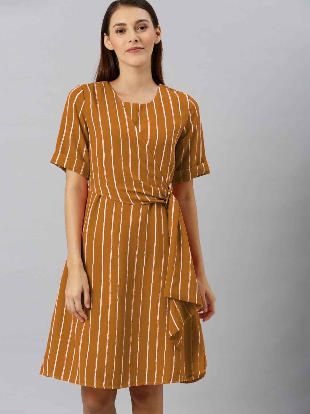 rare mustard yellow striped tie-up a-line dress