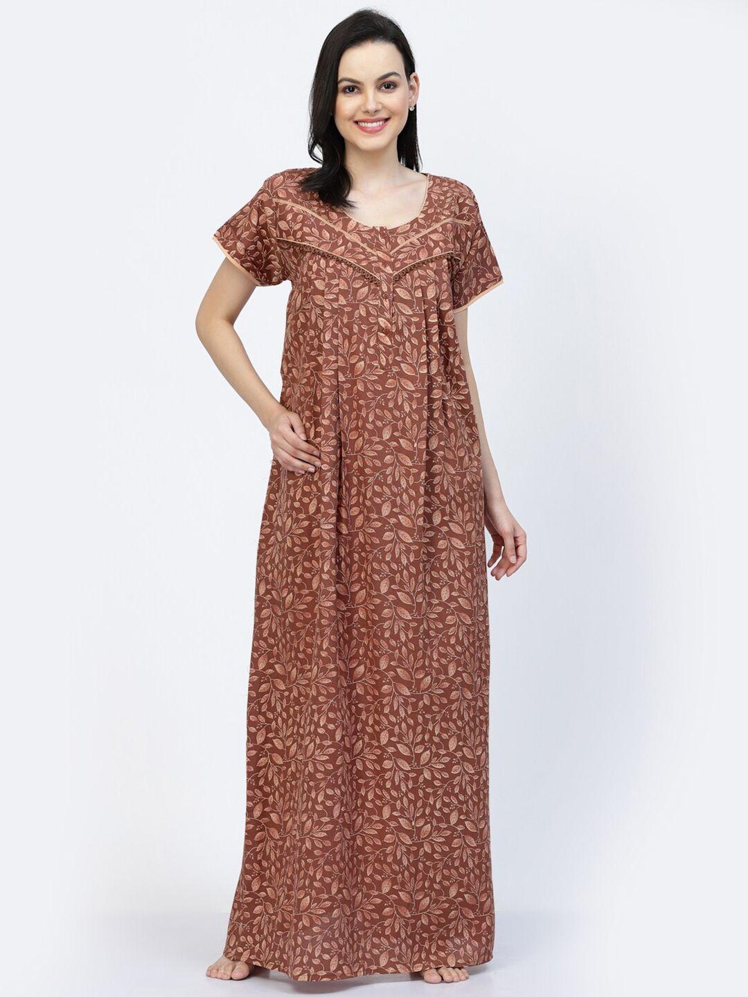 sweet dreams brown floral printed pure cotton maxi nightdress