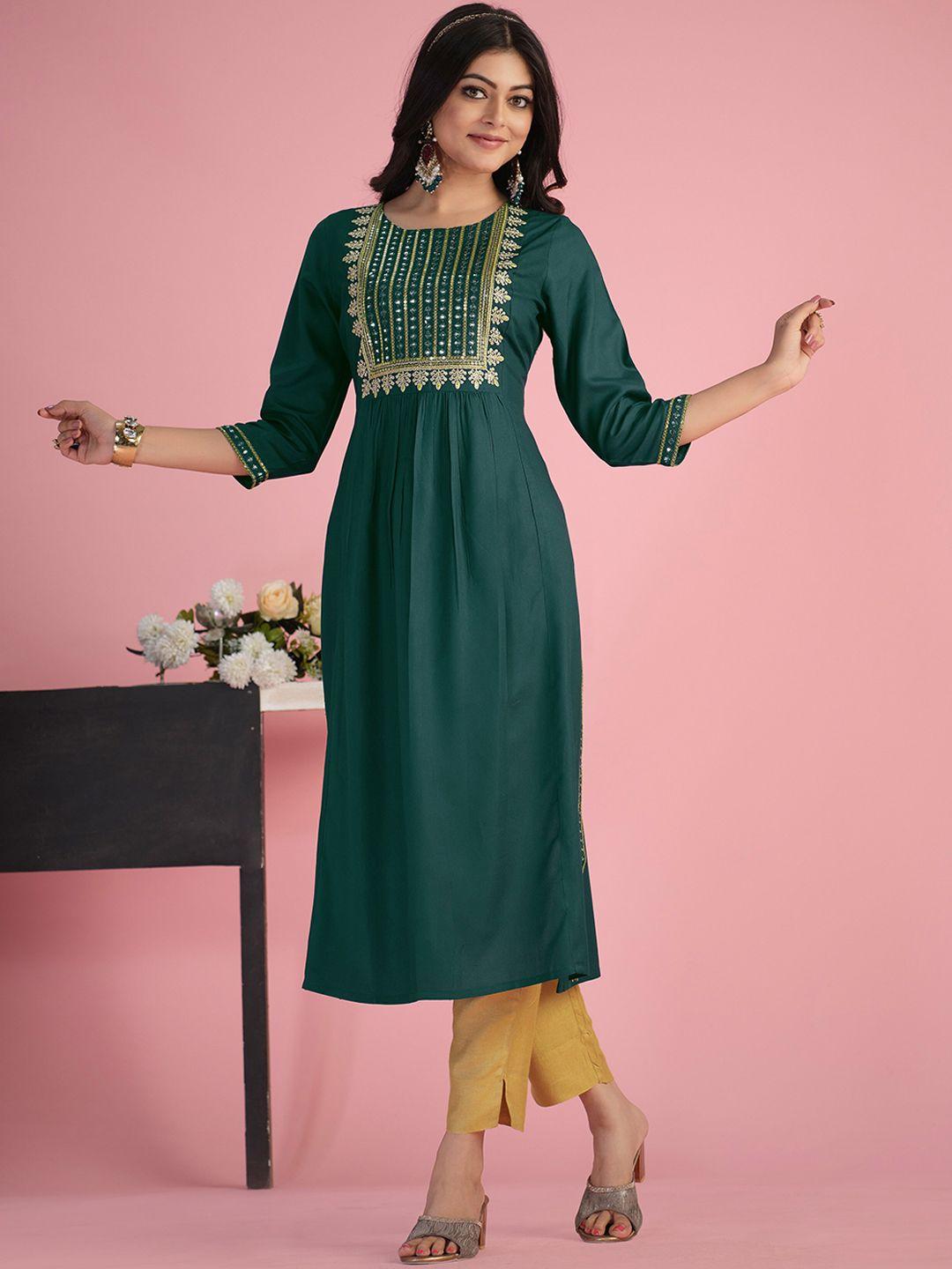 sangria green ethnic motifs yoke design mirror work a-line kurta