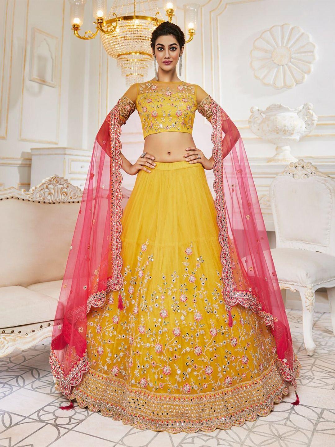 panchhi embellished mirror work semi-stitched lehenga & unstitched blouse with dupatta