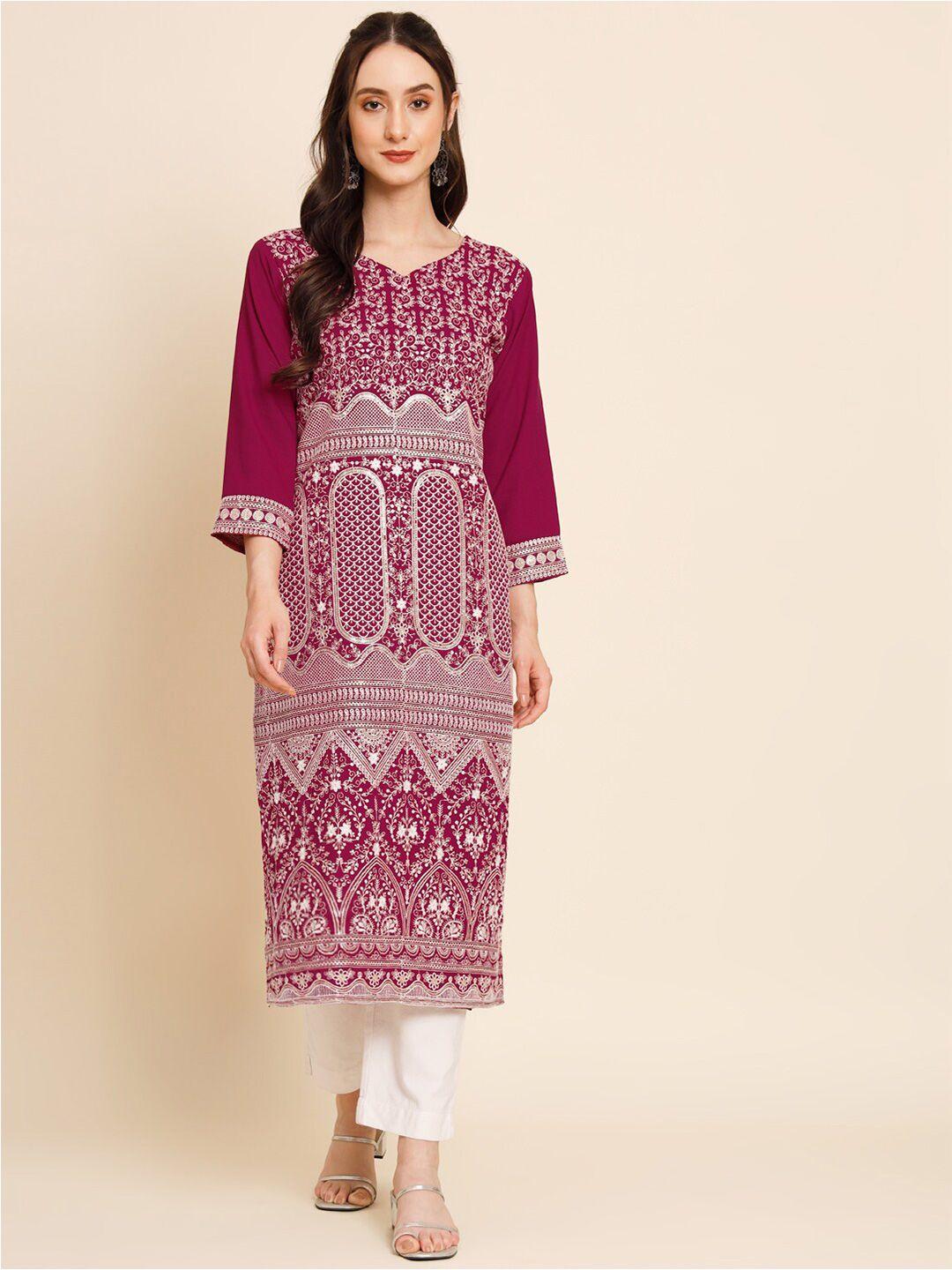 here&now magenta & beige ethnic motifs embroidered sequinned straight kurta