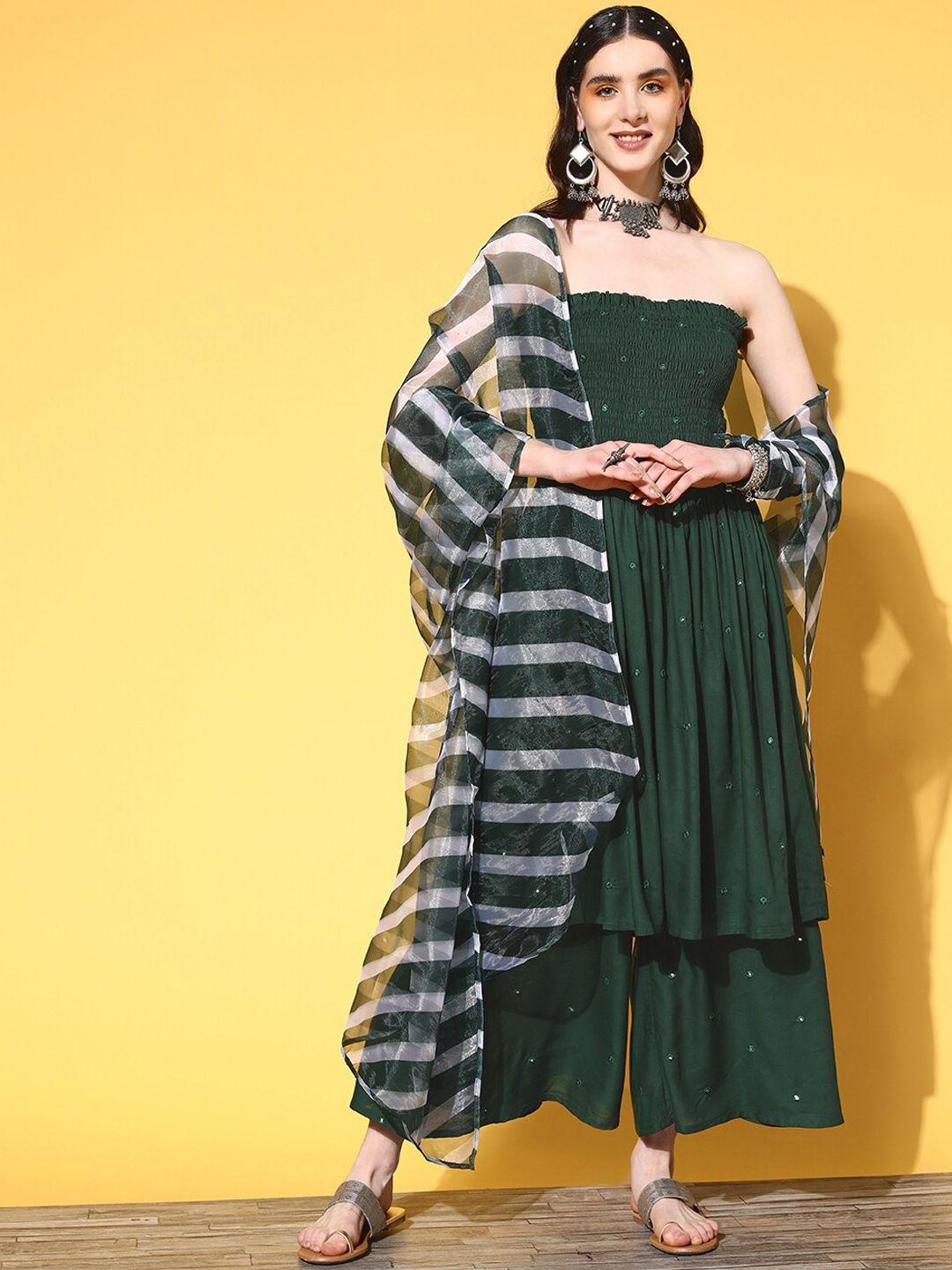 inweave green & white off-shoulder smocked mirror work kurta with palazzos & dupatta