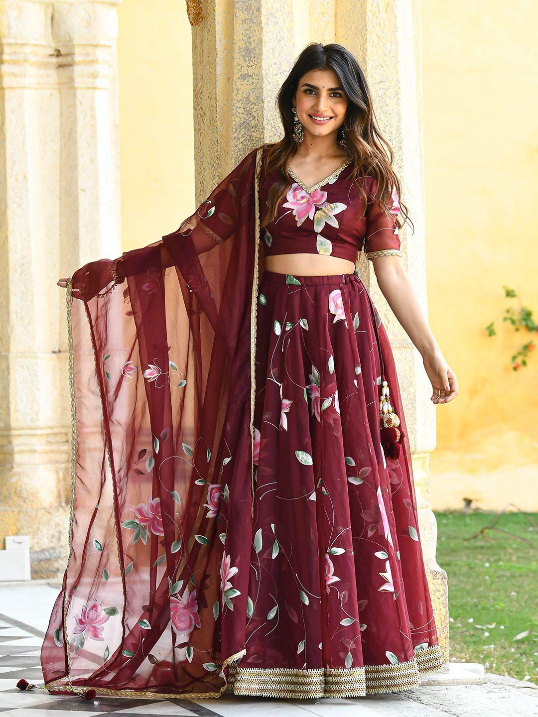 bunaai floral printed v-neck ready to wear lehenga & blouse with dupatta