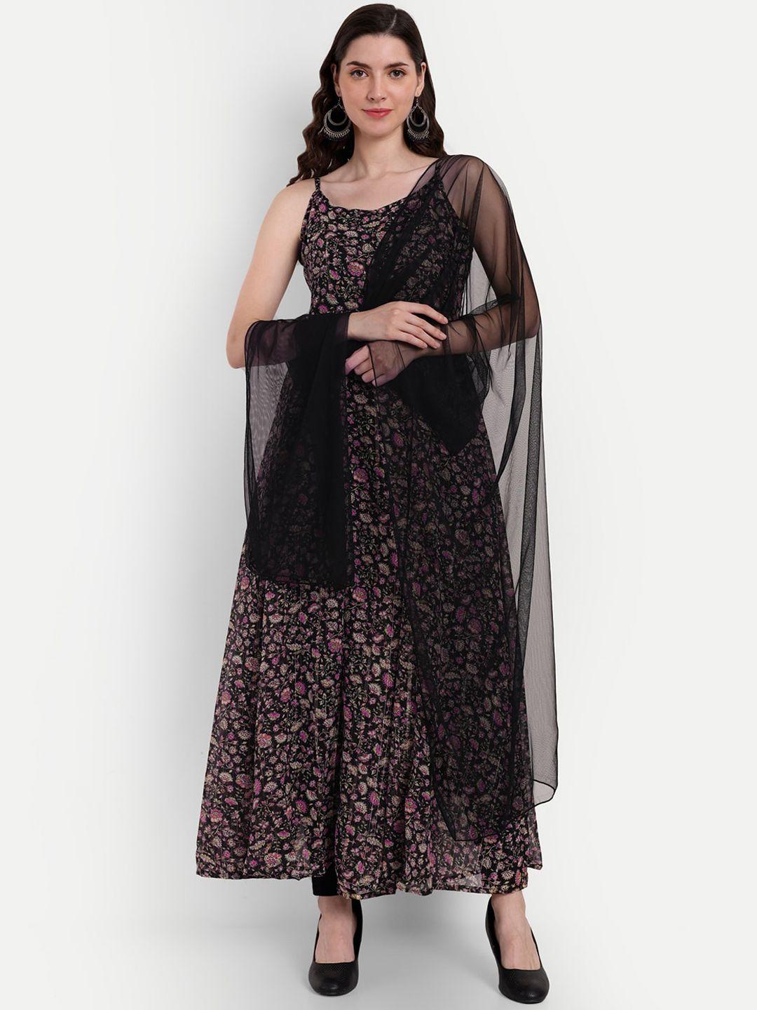 isam black & pink sleeve floral printed anarkali kurta