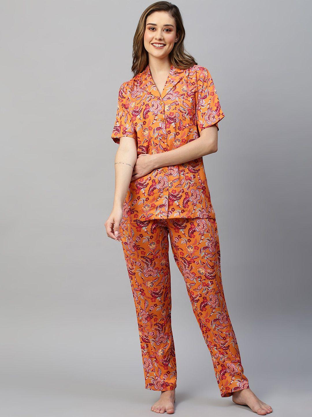 drape in vogue orange & pink floral printed night suit