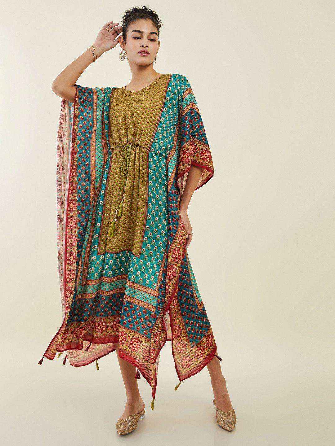 soch green & blue ethnic motifs printed sequined kaftan midi ethnic dress