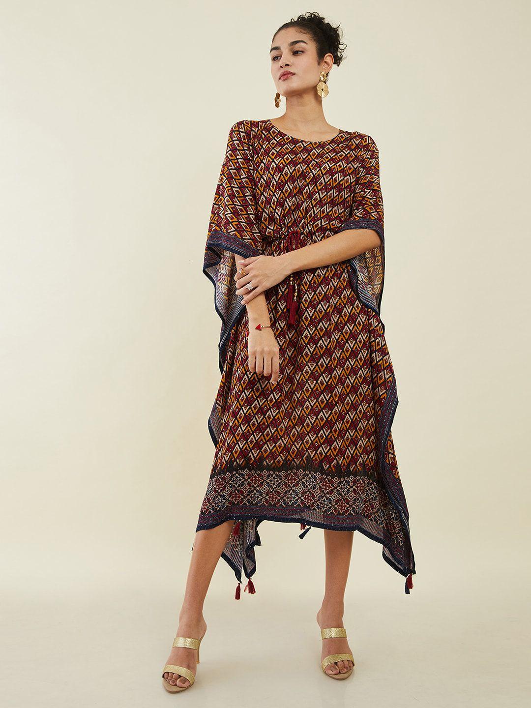 soch maroon ethnic motifs print kaftan midi dress