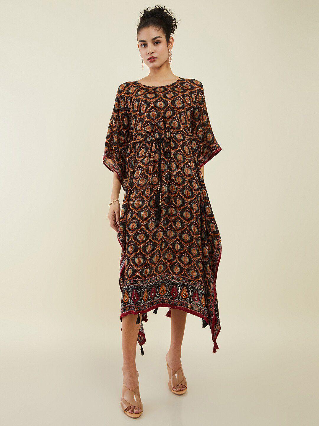 soch black ethnic motifs printed sequined kaftan midi ethnic dress