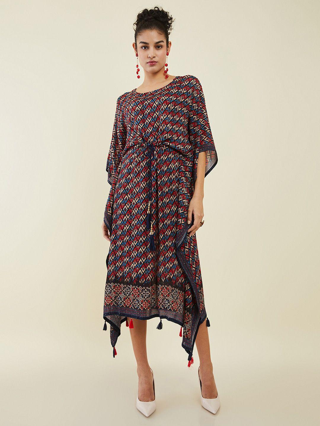 soch red & blue ethnic motifs print kaftan midi dress