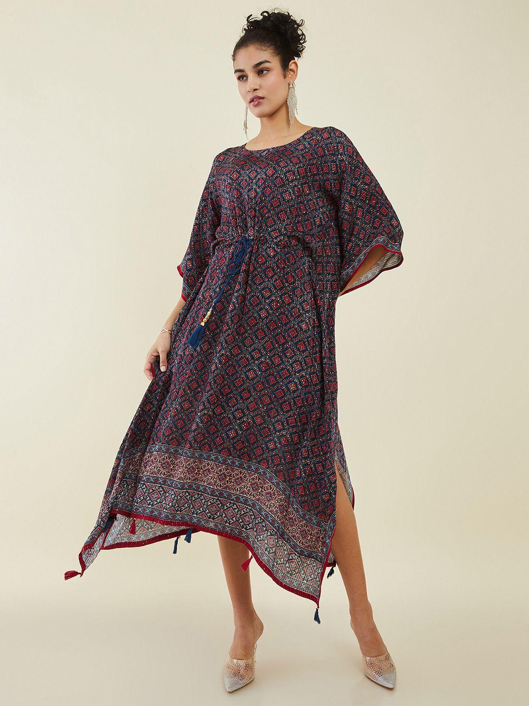 soch navy blue ethnic motifs print kaftan midi dress