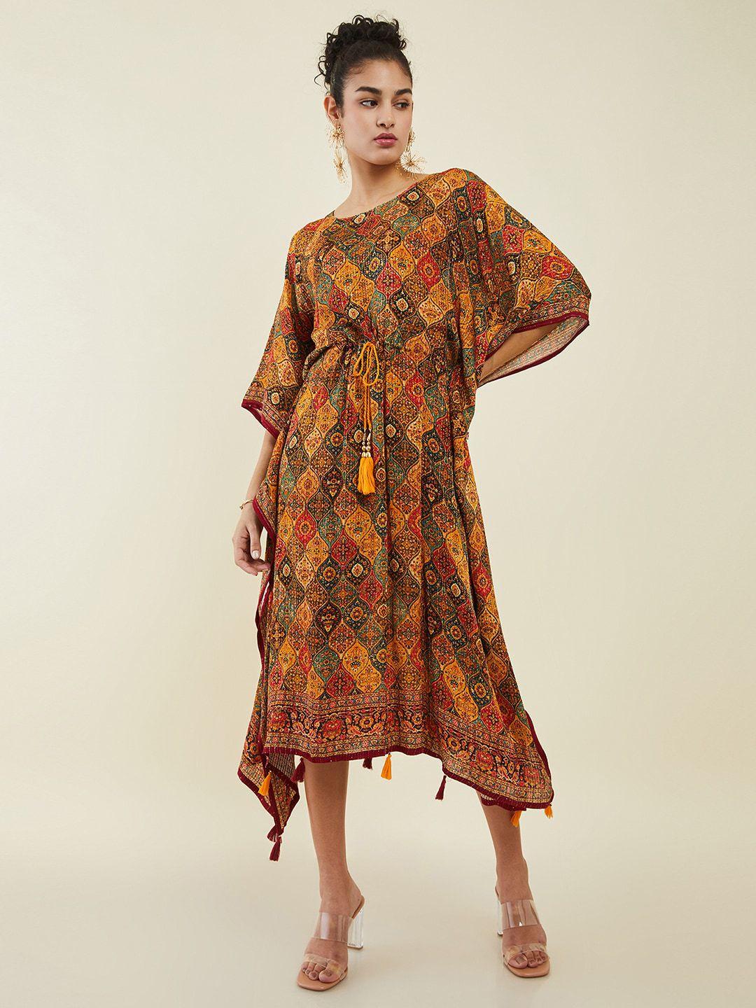 soch orange floral print flared sleeve kaftan midi dress