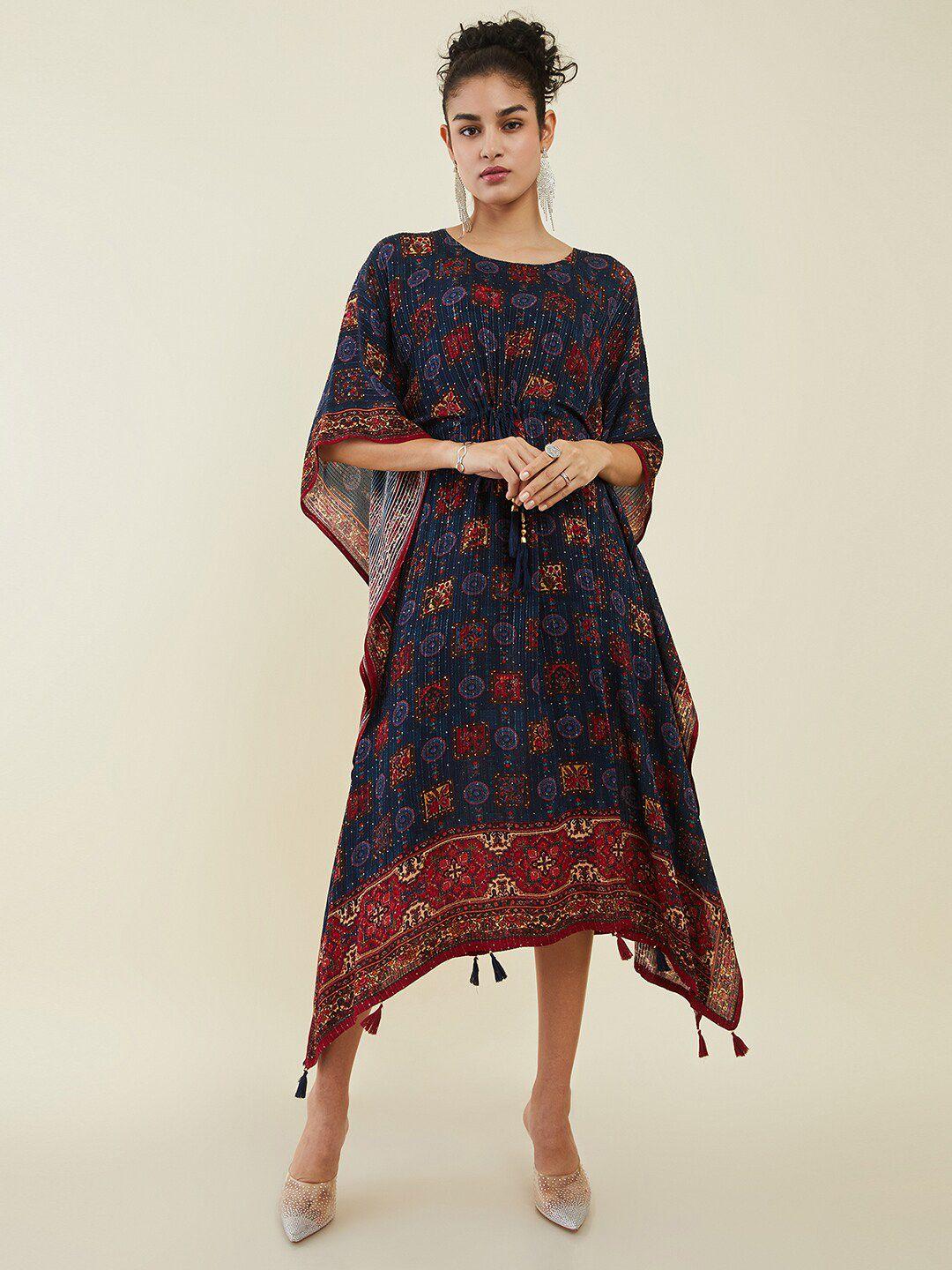 soch navy blue ethnic motifs print kaftan midi dress