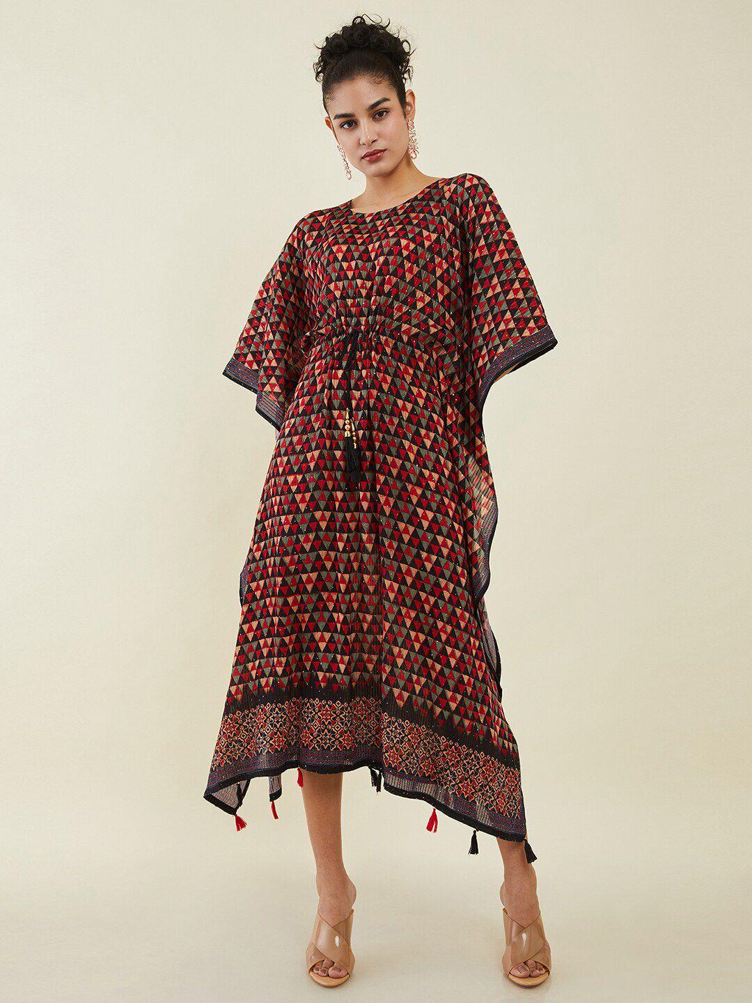 soch red & black geometric print kimono sleeve kaftan midi dress