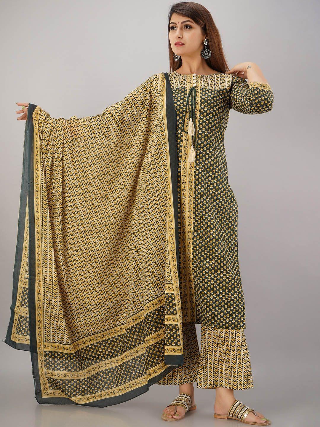 here&now green & mustard yellow ethnic motifs printed kurta with palazzos & dupatta