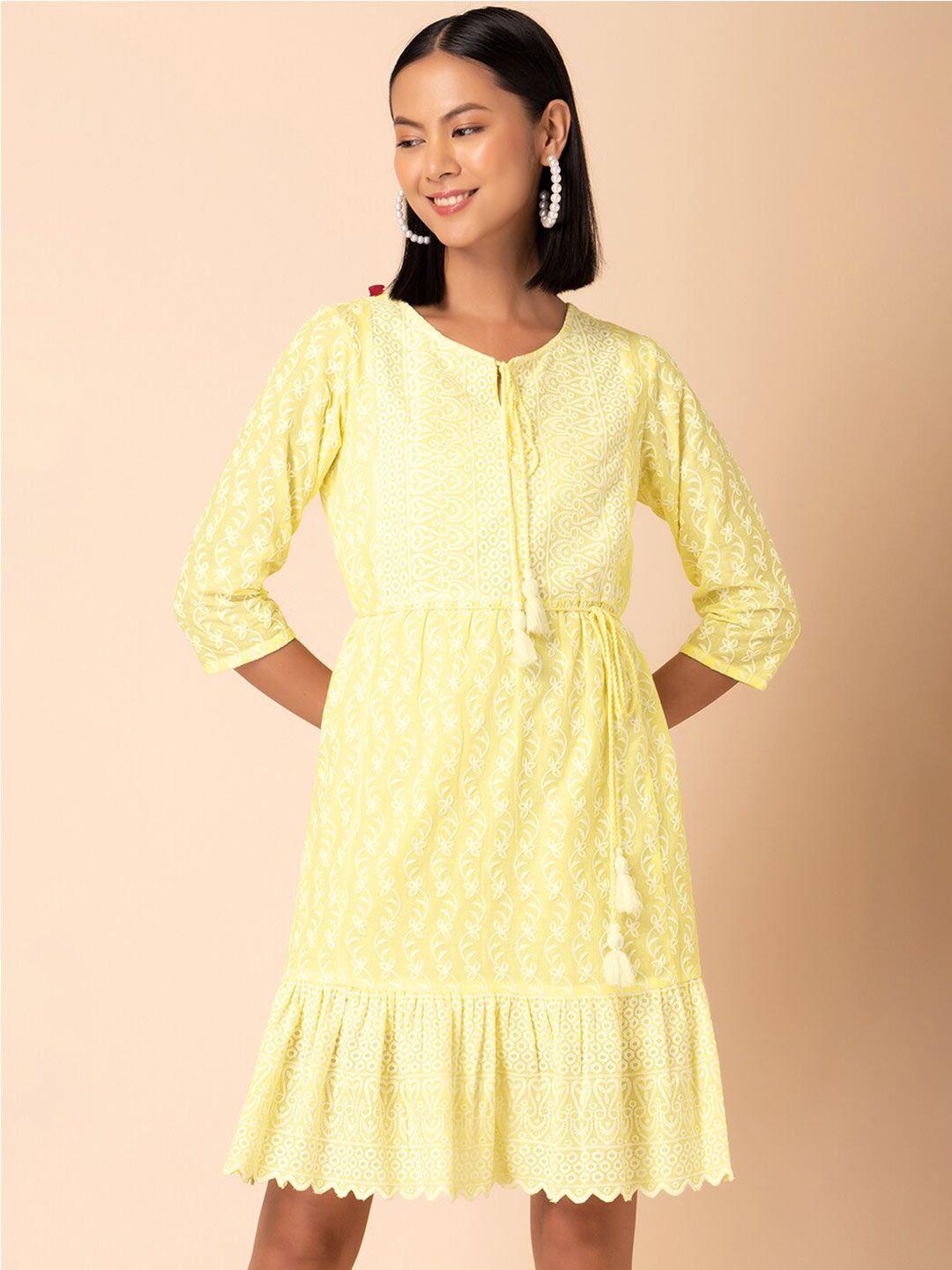 rang by indya tie-up neck embroidered cotton dress