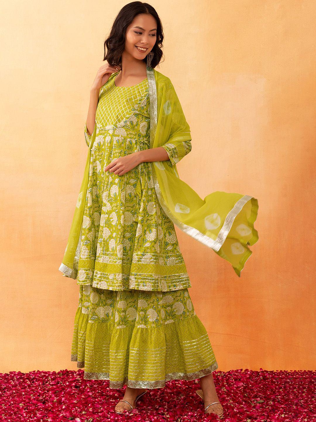 rang by indya floral printed gotta patti pure cotton anarkali kurta with sharara & dupatta